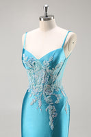 Load image into Gallery viewer, Blue Corset Satin Mermaid Long Appliqued Prom Dress with Slit