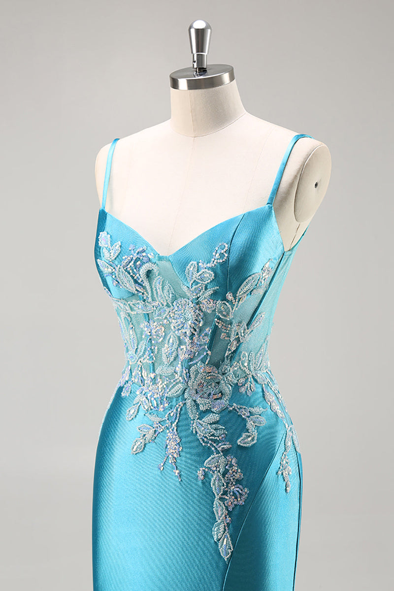 Load image into Gallery viewer, Blue Corset Satin Mermaid Long Appliqued Prom Dress with Slit