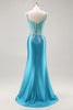 Load image into Gallery viewer, Blue Corset Satin Mermaid Long Appliqued Prom Dress with Slit