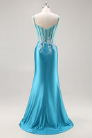 Load image into Gallery viewer, Blue Corset Satin Mermaid Long Appliqued Prom Dress with Slit