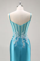 Load image into Gallery viewer, Blue Corset Satin Mermaid Long Appliqued Prom Dress with Slit
