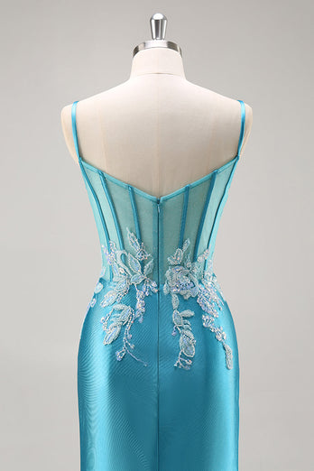 Blue Corset Satin Mermaid Long Appliqued Prom Dress with Slit