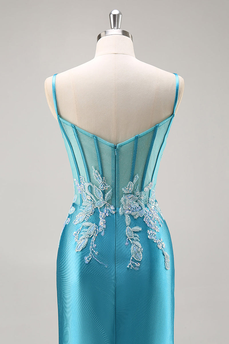 Load image into Gallery viewer, Blue Corset Satin Mermaid Long Appliqued Prom Dress with Slit