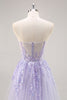 Load image into Gallery viewer, Sparkly Lilac Tulle Corset Strapless Long Prom Dress with Appliques