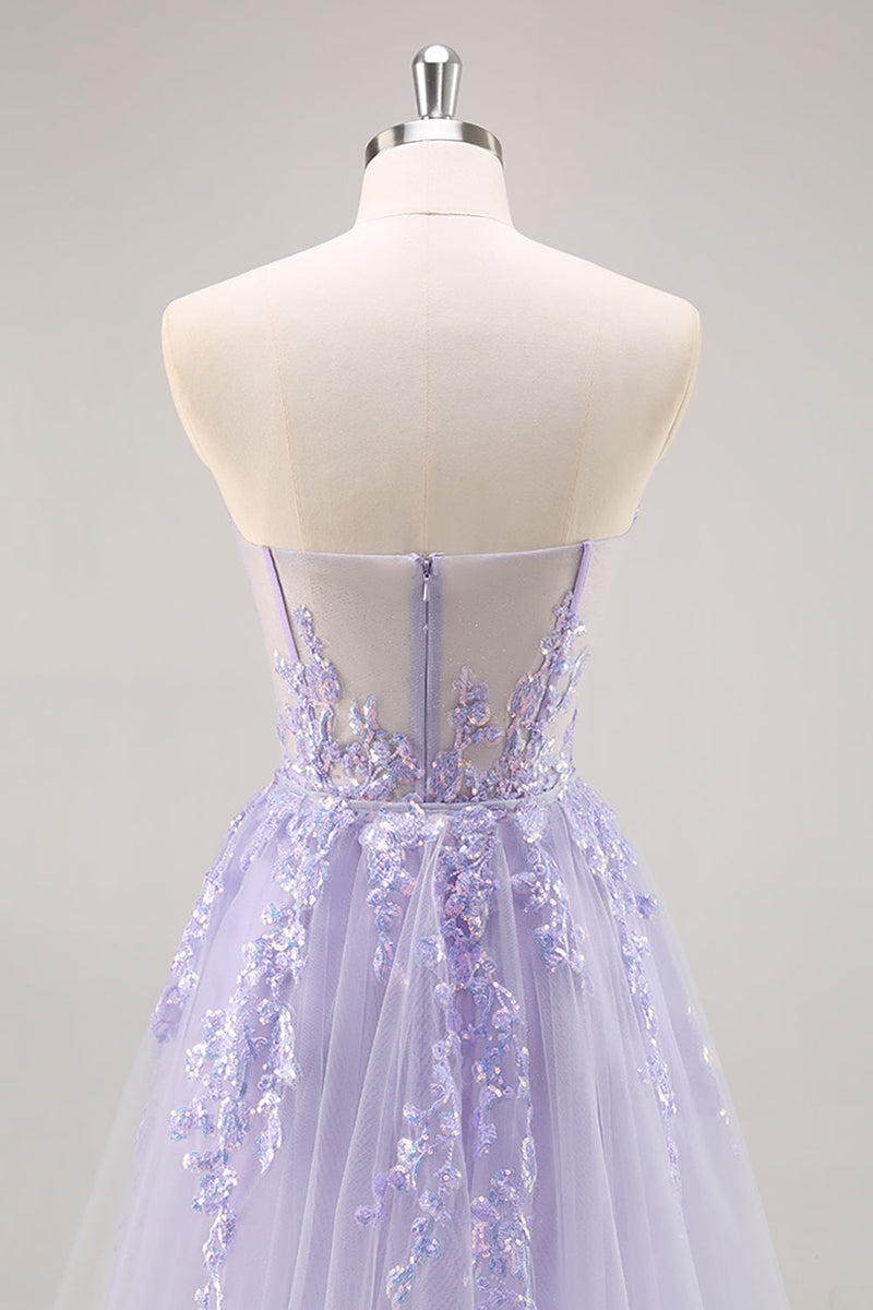 Load image into Gallery viewer, Sparkly Lilac Tulle Corset Strapless Long Prom Dress with Appliques