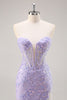 Load image into Gallery viewer, Sparkly Lilac Tulle Corset Strapless Long Prom Dress with Appliques