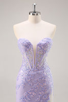 Load image into Gallery viewer, Sparkly Lilac Tulle Corset Strapless Long Prom Dress with Appliques