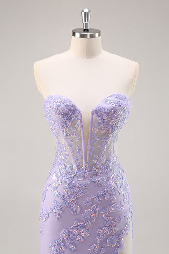 Sparkly Lilac Tulle Corset Strapless Long Prom Dress with Appliques