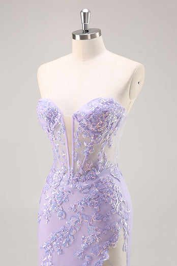 Sparkly Lilac Tulle Corset Strapless Long Prom Dress with Appliques