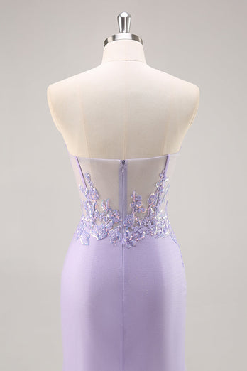 Sparkly Lilac Tulle Corset Strapless Long Prom Dress with Appliques