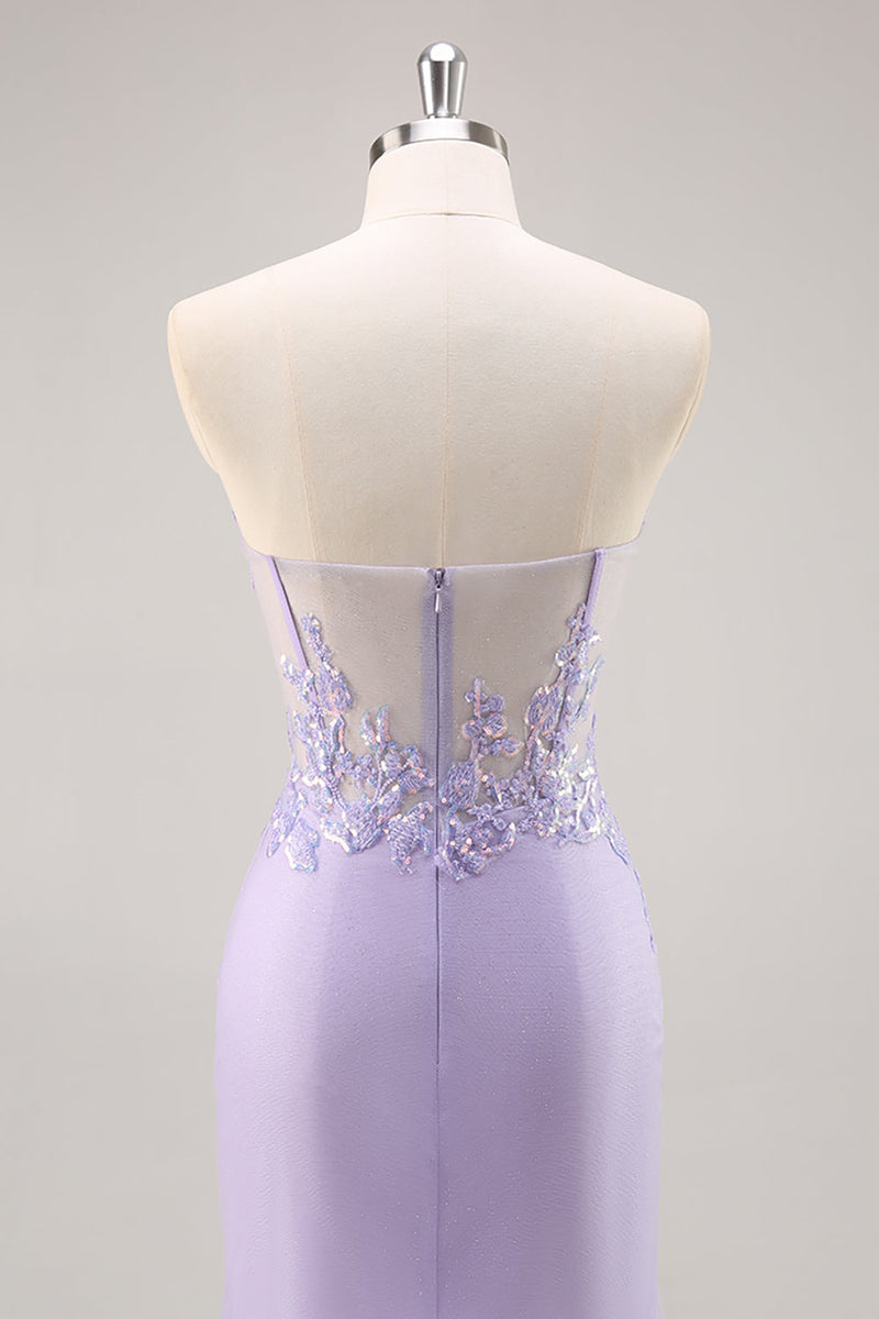 Load image into Gallery viewer, Sparkly Lilac Tulle Corset Strapless Long Prom Dress with Appliques