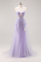 Load image into Gallery viewer, Sparkly Lilac Tulle Corset Strapless Long Prom Dress with Appliques