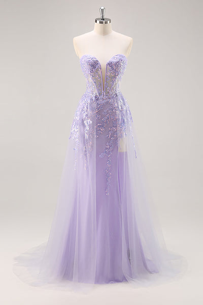 Sparkly Lilac Tulle Corset Strapless Long Prom Dress with Appliques