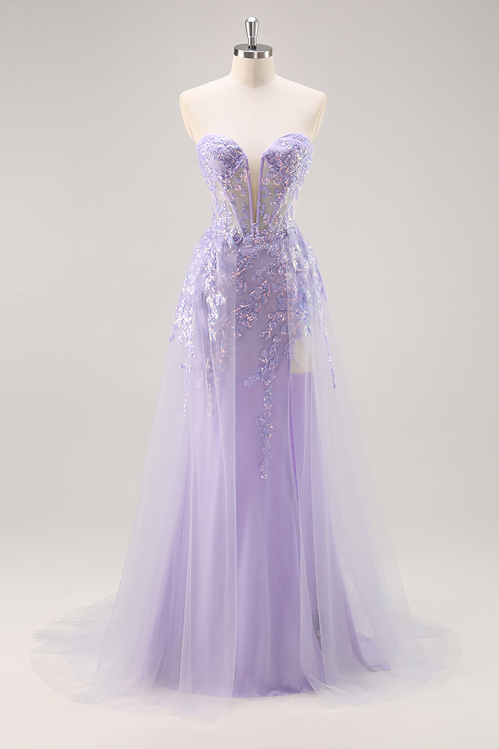 Sparkly Lilac Tulle Corset Strapless Long Prom Dress with Appliques