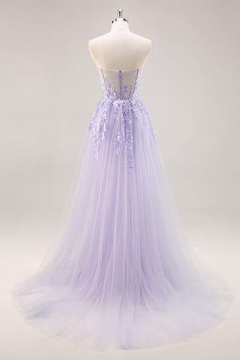 Sparkly Lilac Tulle Corset Strapless Long Prom Dress with Appliques