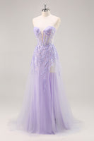 Load image into Gallery viewer, Sparkly Lilac Tulle Corset Strapless Long Prom Dress with Appliques