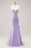 Load image into Gallery viewer, Sparkly Lilac Tulle Corset Strapless Long Prom Dress with Appliques