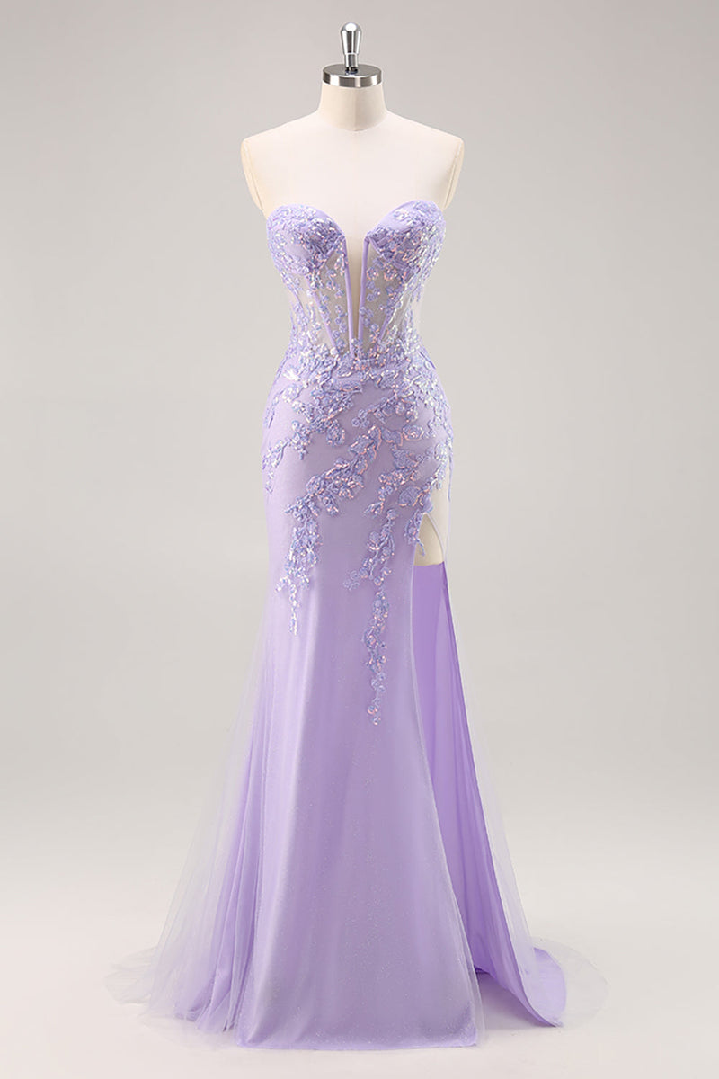 Load image into Gallery viewer, Sparkly Lilac Tulle Corset Strapless Long Prom Dress with Appliques