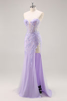 Load image into Gallery viewer, Sparkly Lilac Tulle Corset Strapless Long Prom Dress with Appliques