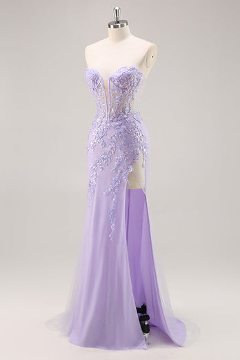 Sparkly Lilac Tulle Corset Strapless Long Prom Dress with Appliques