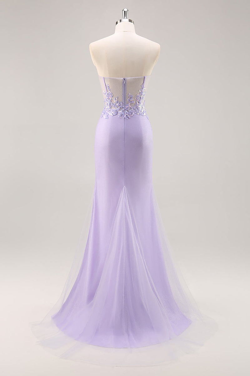 Load image into Gallery viewer, Sparkly Lilac Tulle Corset Strapless Long Prom Dress with Appliques
