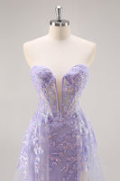 Load image into Gallery viewer, Sparkly Lilac Tulle Corset Strapless Long Prom Dress with Appliques