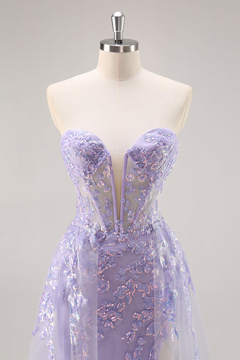 Sparkly Lilac Tulle Corset Strapless Long Prom Dress with Appliques