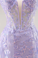 Load image into Gallery viewer, Sparkly Lilac Tulle Corset Strapless Long Prom Dress with Appliques