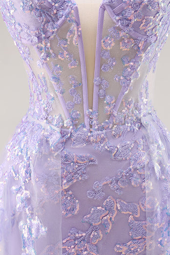 Sparkly Lilac Tulle Corset Strapless Long Prom Dress with Appliques