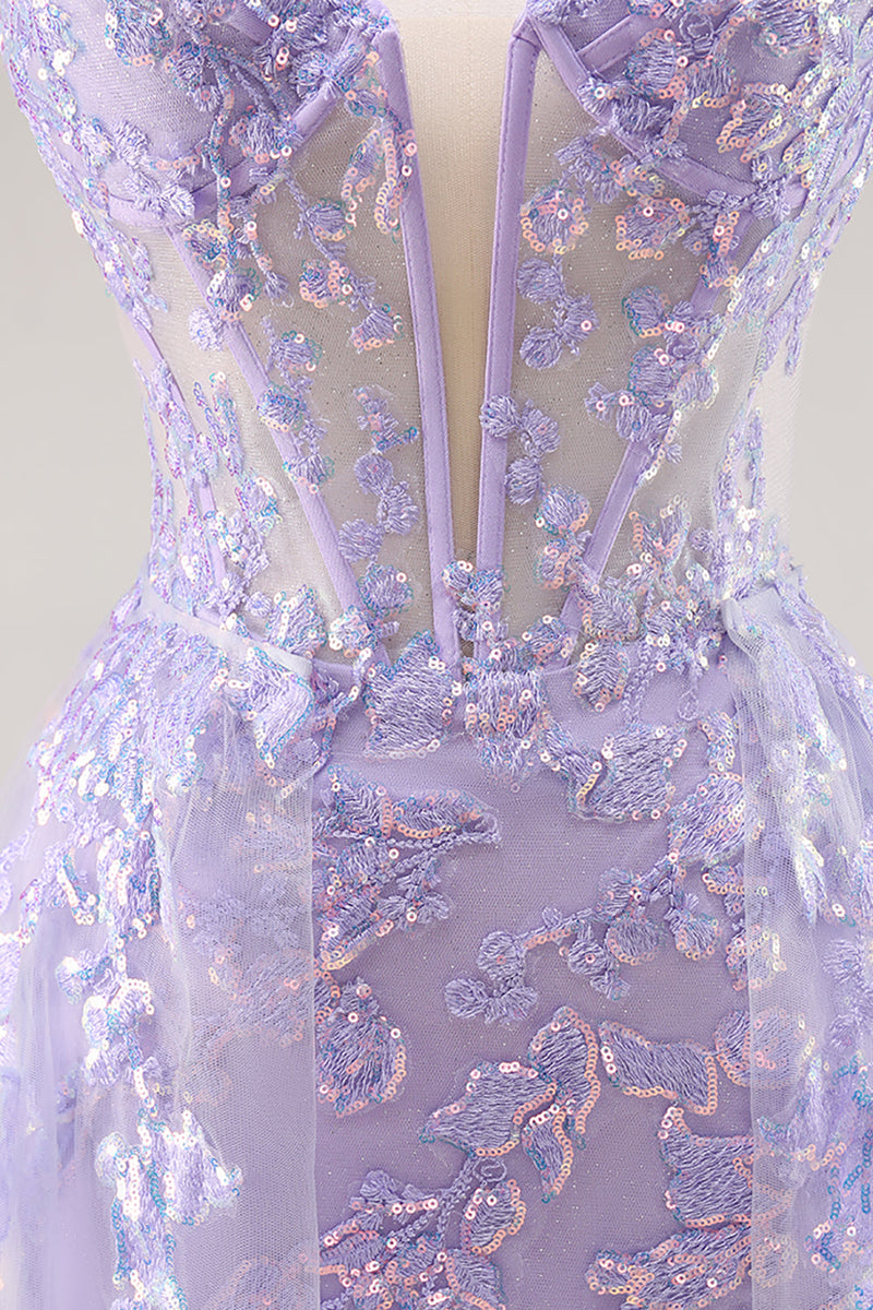 Load image into Gallery viewer, Sparkly Lilac Tulle Corset Strapless Long Prom Dress with Appliques