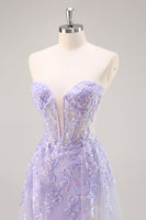 Load image into Gallery viewer, Sparkly Lilac Tulle Corset Strapless Long Prom Dress with Appliques