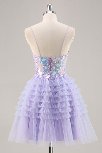 Sparkly Purple Floral Short Corset Tiered Homecoming Dress with Ruffles