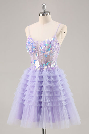 Sparkly Purple Floral Short Corset Tiered Homecoming Dress with Ruffles