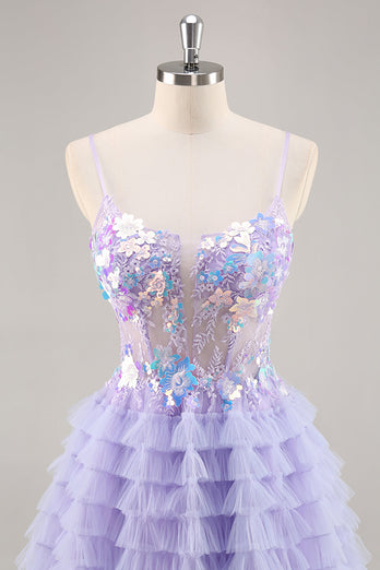 Sparkly Purple Floral Short Corset Tiered Homecoming Dress with Ruffles