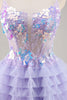 Load image into Gallery viewer, Sparkly Purple Floral Short Corset Tiered Homecoming Dress with Ruffles