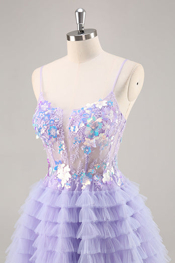 Sparkly Purple Floral Short Corset Tiered Homecoming Dress with Ruffles