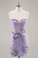 Load image into Gallery viewer, Sparkly Short Purple Corset Sequin Floral Homecoming Dress with Lace