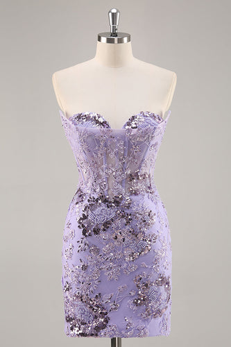 Sparkly Short Purple Corset Sequin Floral Homecoming Dress with Lace
