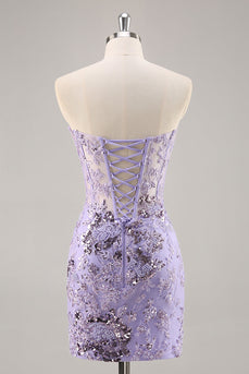 Sparkly Short Purple Corset Sequin Floral Homecoming Dress with Lace