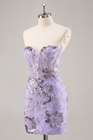 Load image into Gallery viewer, Sparkly Short Purple Corset Sequin Floral Homecoming Dress with Lace