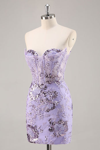Sparkly Short Purple Corset Sequin Floral Homecoming Dress with Lace