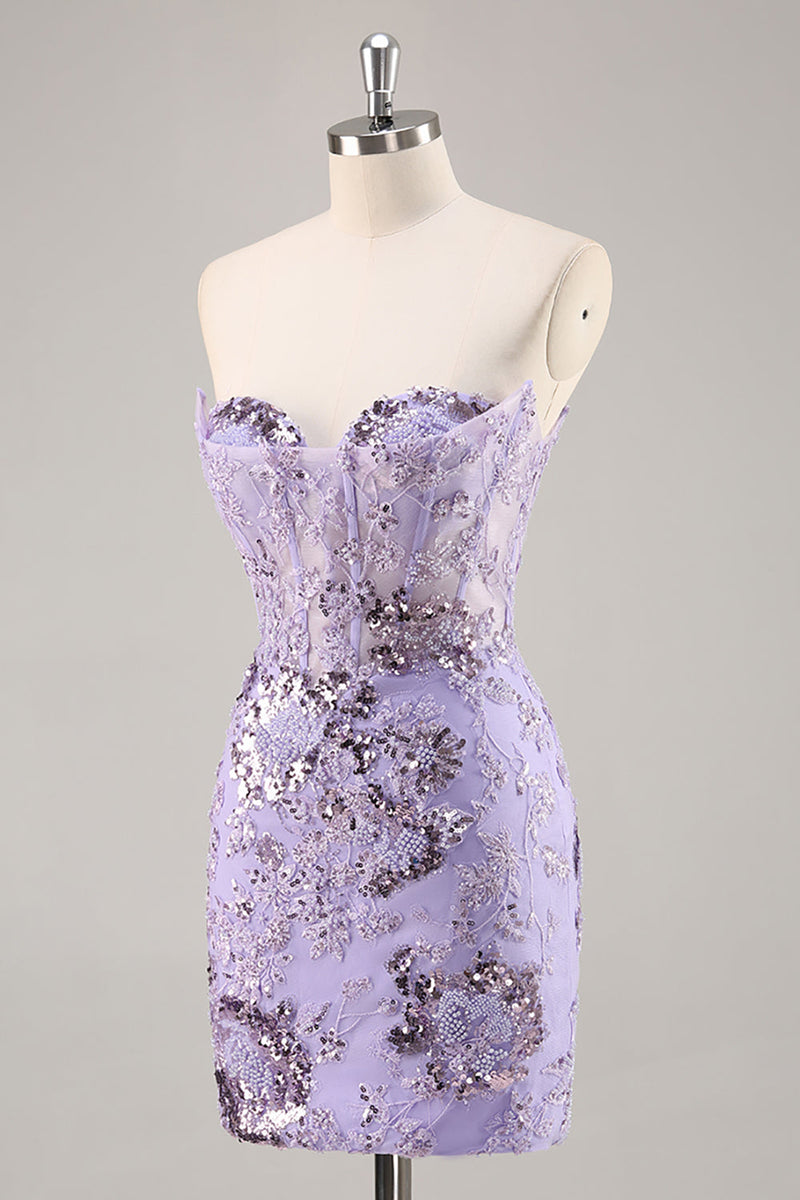 Load image into Gallery viewer, Sparkly Short Purple Corset Sequin Floral Homecoming Dress with Lace