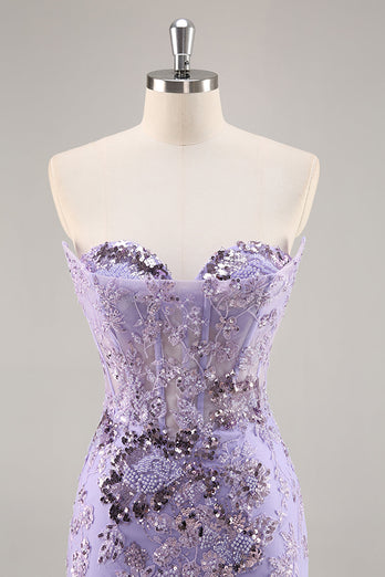 Sparkly Short Purple Corset Sequin Floral Homecoming Dress with Lace
