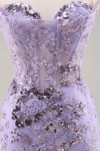Sparkly Short Purple Corset Sequin Floral Homecoming Dress with Lace