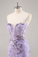 Load image into Gallery viewer, Sparkly Short Purple Corset Sequin Floral Homecoming Dress with Lace