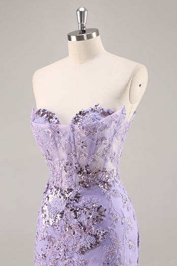 Sparkly Short Purple Corset Sequin Floral Homecoming Dress with Lace