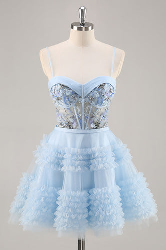 Sparkly Short Blue Corset Floral Ruffled Homecoming Dress with Beading