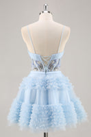 Load image into Gallery viewer, Sparkly Short Blue Corset Floral Ruffled Homecoming Dress with Beading