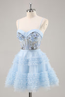 Load image into Gallery viewer, Sparkly Short Blue Corset Floral Ruffled Homecoming Dress with Beading