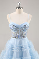 Load image into Gallery viewer, Sparkly Short Blue Corset Floral Ruffled Homecoming Dress with Beading